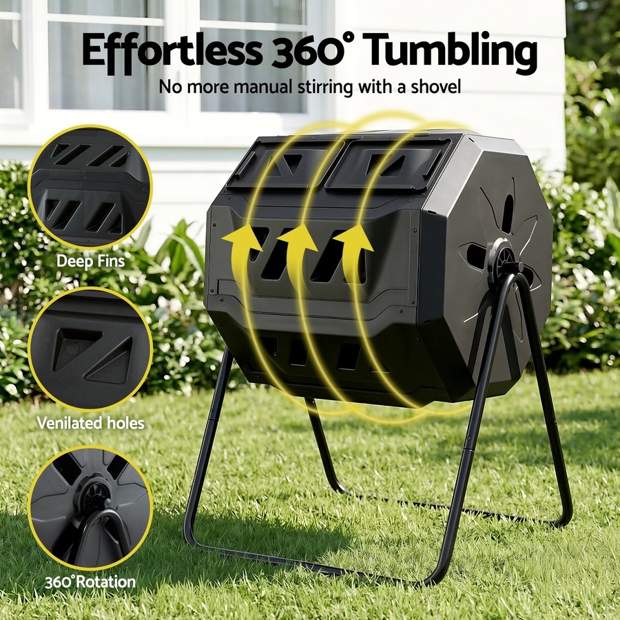Gardeon Compost Bin Dual-Chamber 160L Composter Tumbler Rotating Waste Recycle