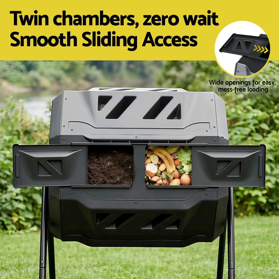 Gardeon Compost Bin Dual-Chamber 160L Composter Tumbler Rotating Waste Recycle