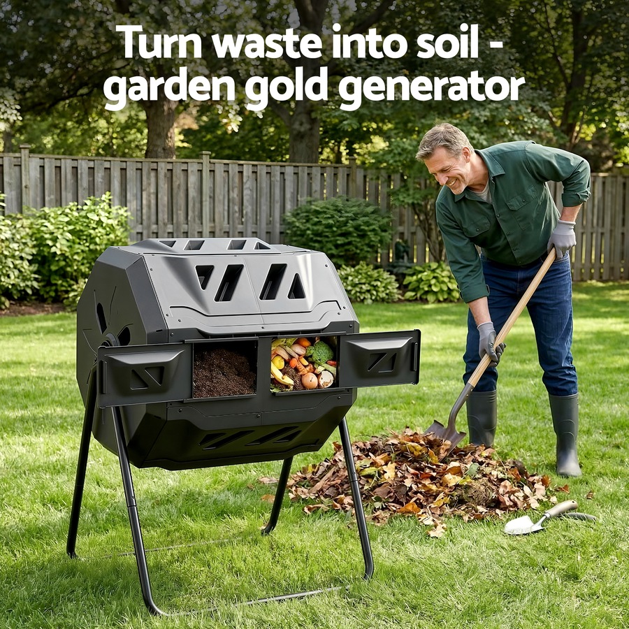 Gardeon Compost Bin Dual-Chamber 160L Composter Tumbler Rotating Waste Recycle