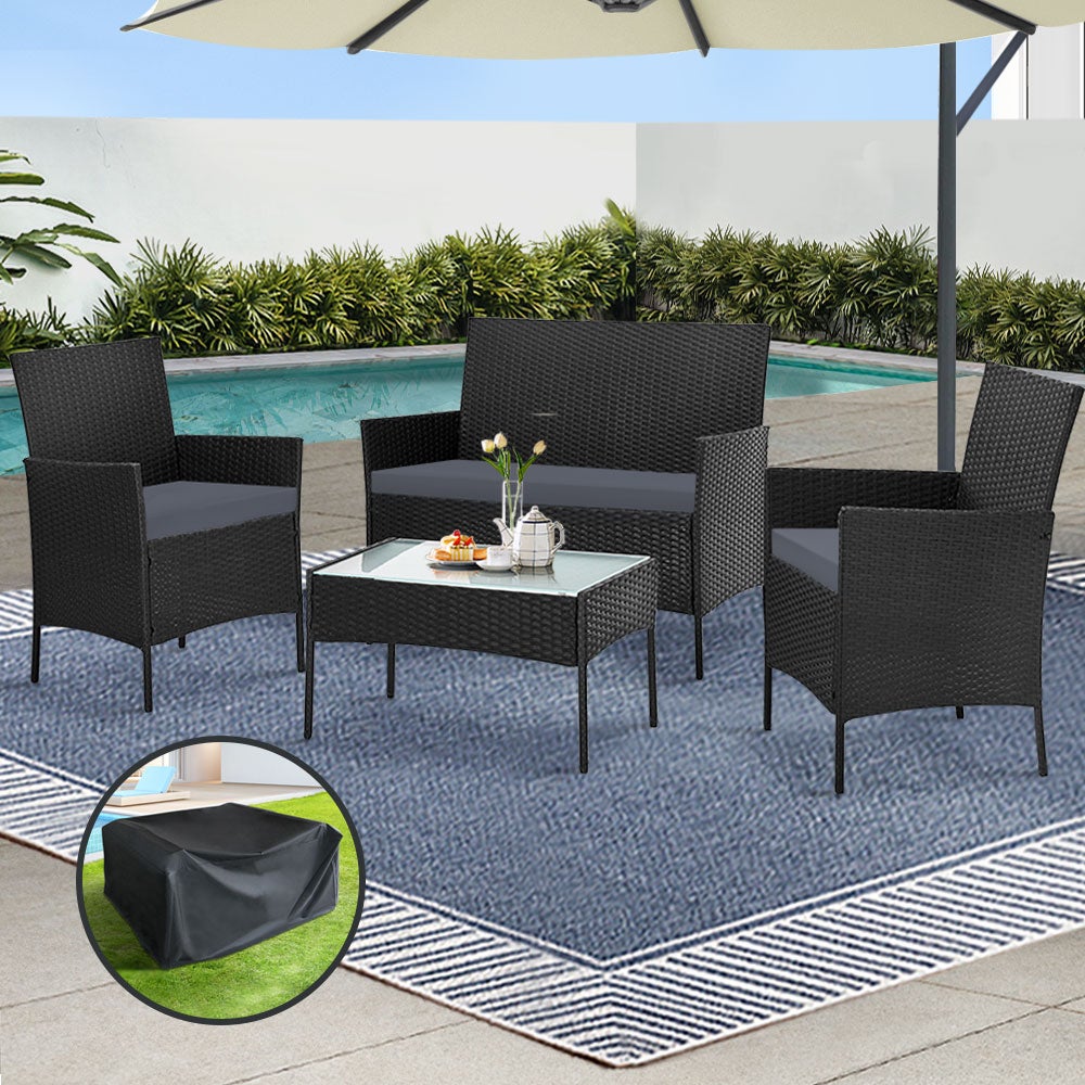 Gardeon 4 Seater Outdoor Sofa Set with Storage Cover Wicker Table Chair Black