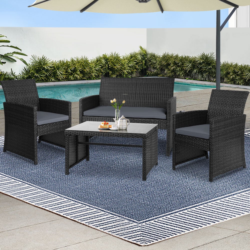 Gardeon Outdoor Furniture Outdoor Lounge Setting Wicker Sofa Set Patio Black 4PCS