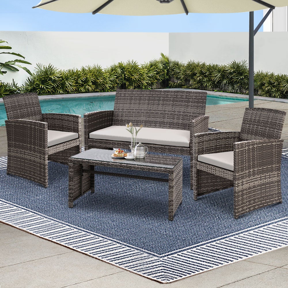 Gardeon 4 PCS Furniture Outdoor Lounge Setting Wicker Sofa Set Patio Mixed Grey