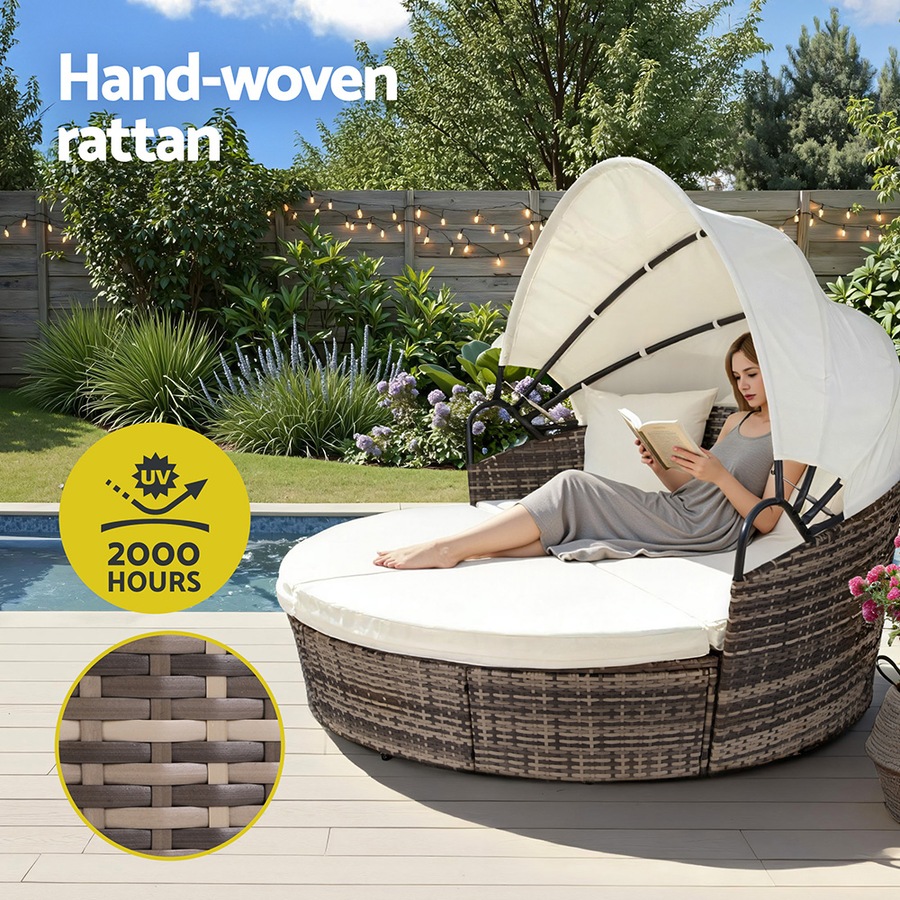 Gardeon Outdoor Day Bed Sun Lounge Setting Wicker Lounger Furniture Patio Beige Set of 3