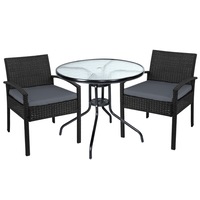 Gardeon Outdoor Furniture Dining Chairs Wicker Garden Patio Cushion Black 3PCS Sofa Set Tea Coffee Cafe Bar Set