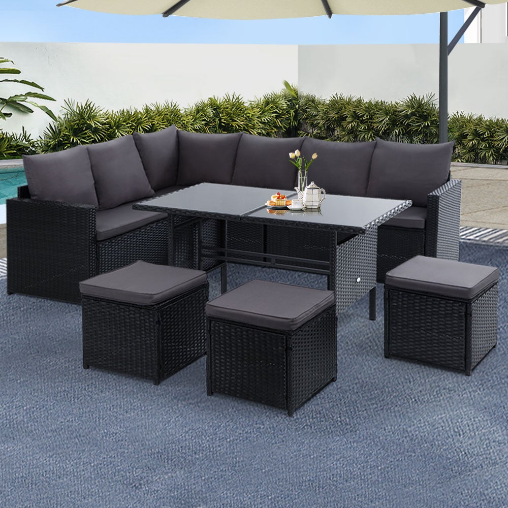 Gardeon 9-Seater Outdoor Dining Set Lounge Table & Chairs Black