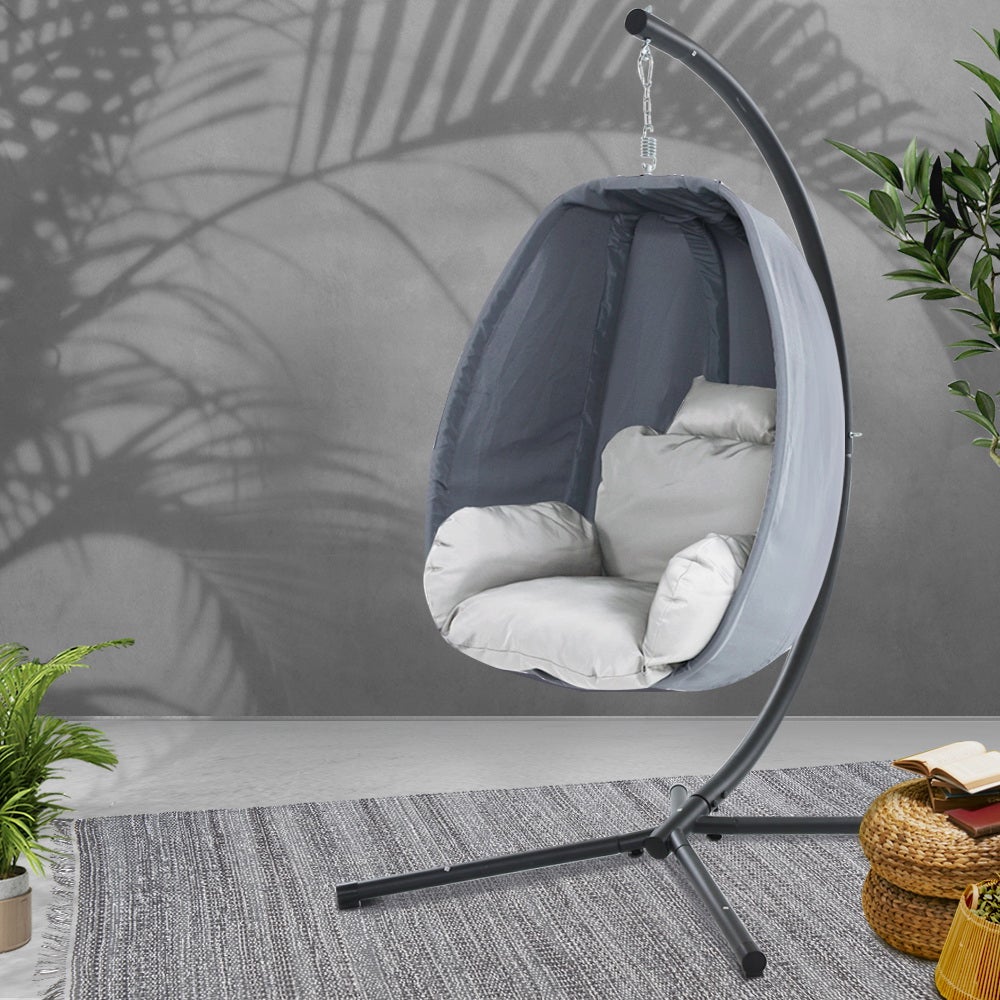 Gardeon Outdoor Egg Swing Chair Patio Furniture Pod Stand Canopy Foldable Grey