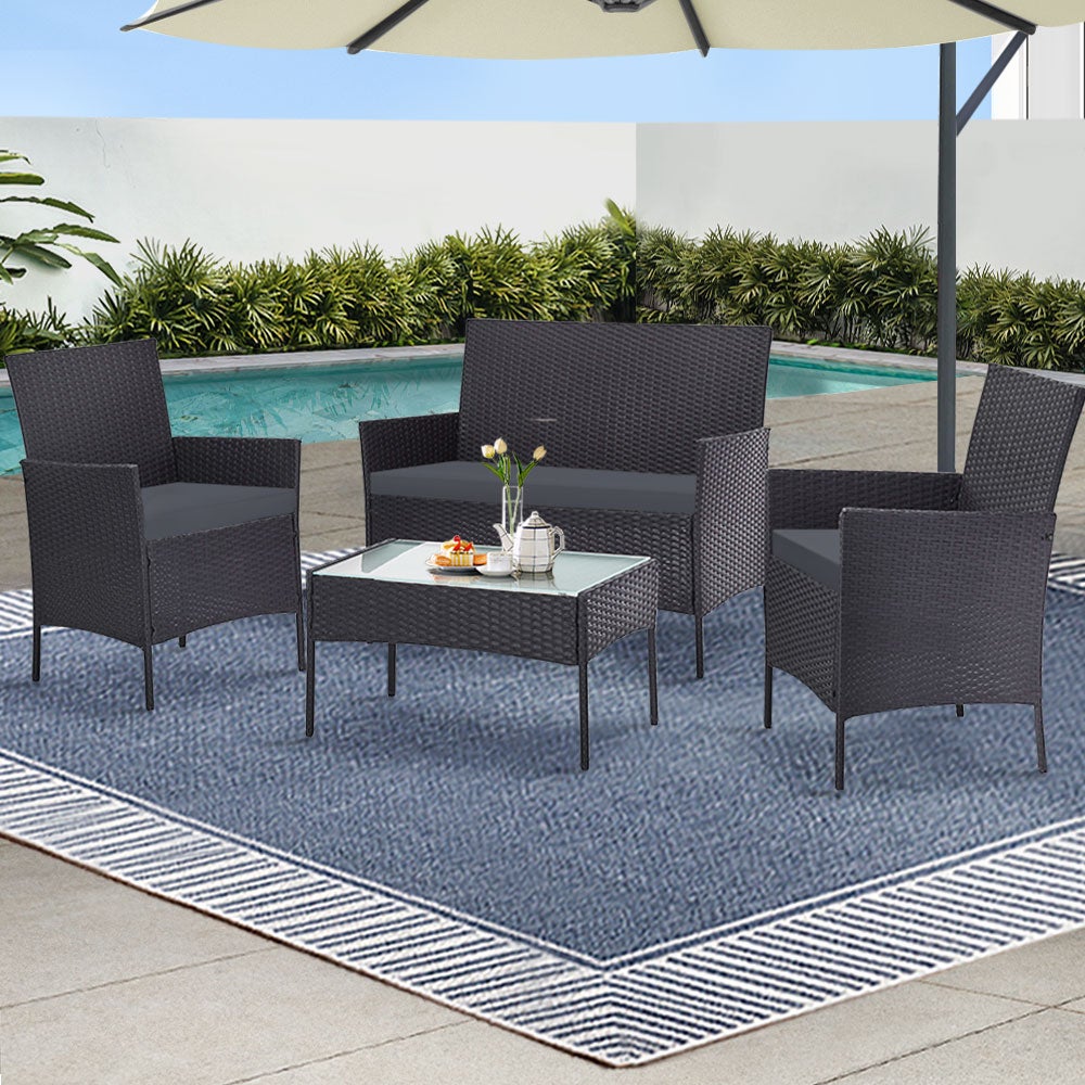 Gardeon Outdoor Furniture Outdoor Lounge Setting Wicker Sofa Set Patio 4 Piece Grey