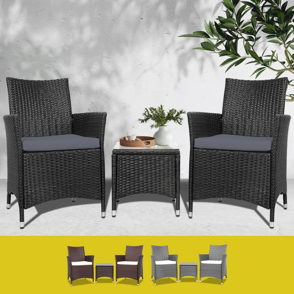 Gardeon 3-Piece Outdoor Bistro Set Patio Furniture Wicker Setting Chair Table Cushion