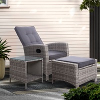 3PC Gardeon Outdoor Setting Recliner Chair Table Set Wicker lounge Patio Furniture Grey