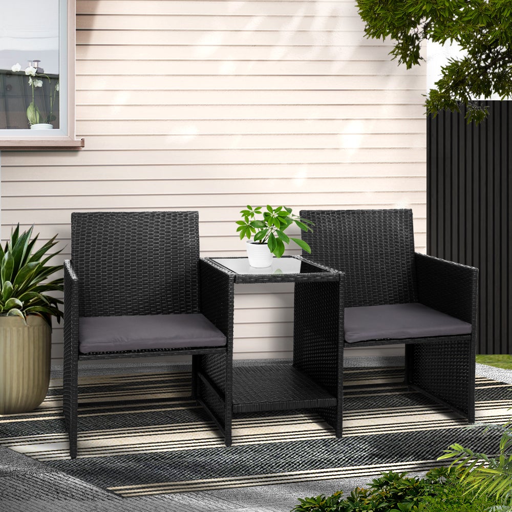 Gardeon Outdoor Setting Wicker Loveseat Birstro Set Patio Garden Furniture Black Gardeon