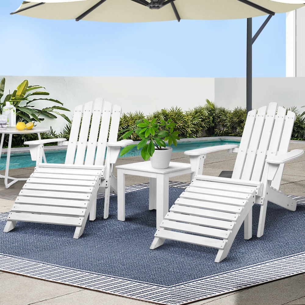 Gardeon 5PC Adirondack Outdoor Table and Chairs Wooden Sun Lounge Patio Furniture White