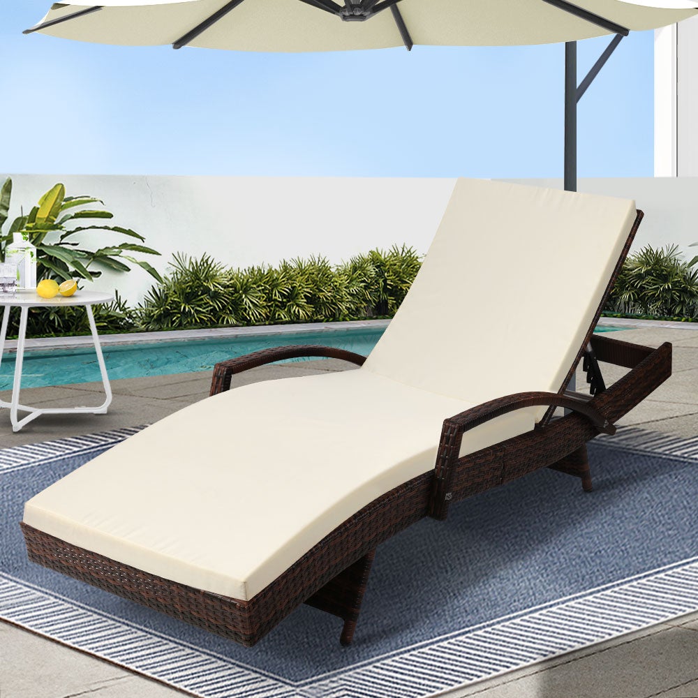 Gardeon Sun Lounge Wicker Lounger Outdoor Furniture Beach Chair Patio Adjustable Cushion Brown