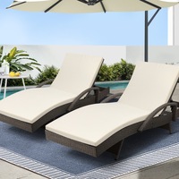 1 Set of 2 Gardeon Sun Lounge Wicker Lounger Outdoor Furniture Beach Chair Adjustable Cushion Grey&Beige