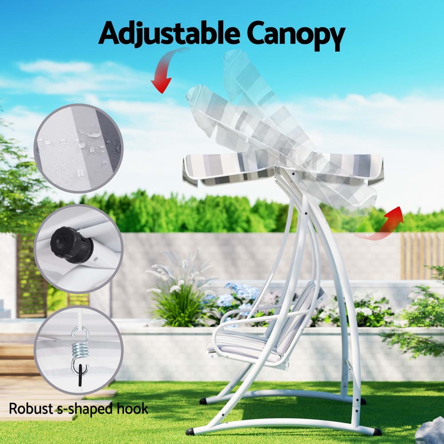 Gardeon Outdoor Swing Chair Garden Bench Furniture Canopy 3 Seater White Grey