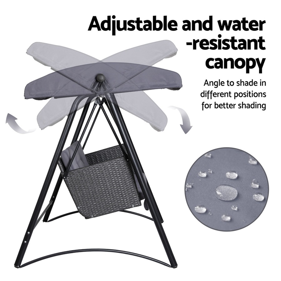 Gardeon Outdoor Swing Chair Garden Bench Furniture Canopy 3 Seater Rattan Grey