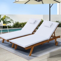 2x Gardeon Sun Lounge Wooden Lounger Outdoor Furniture Day Bed Wheel Patio White