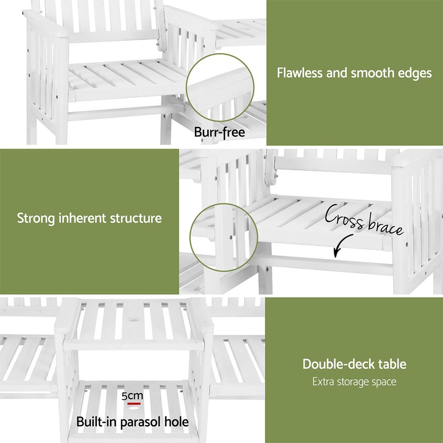 2 Seat Gardeon Outdoor Garden Bench Loveseat Wooden Table Chairs Patio Furniture White