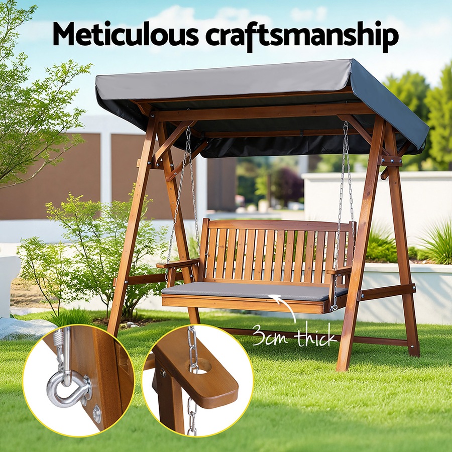 Gardeon Wooden Swing Chair Garden Bench Canopy 3 Seater Outdoor Furniture