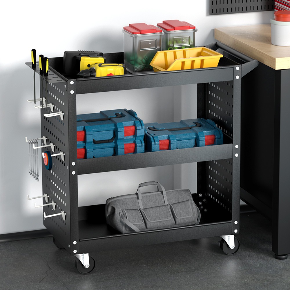 Giantz 3 Tier Tool Cart Storage Trolley Workshop Garage Pegboard Hooks Black