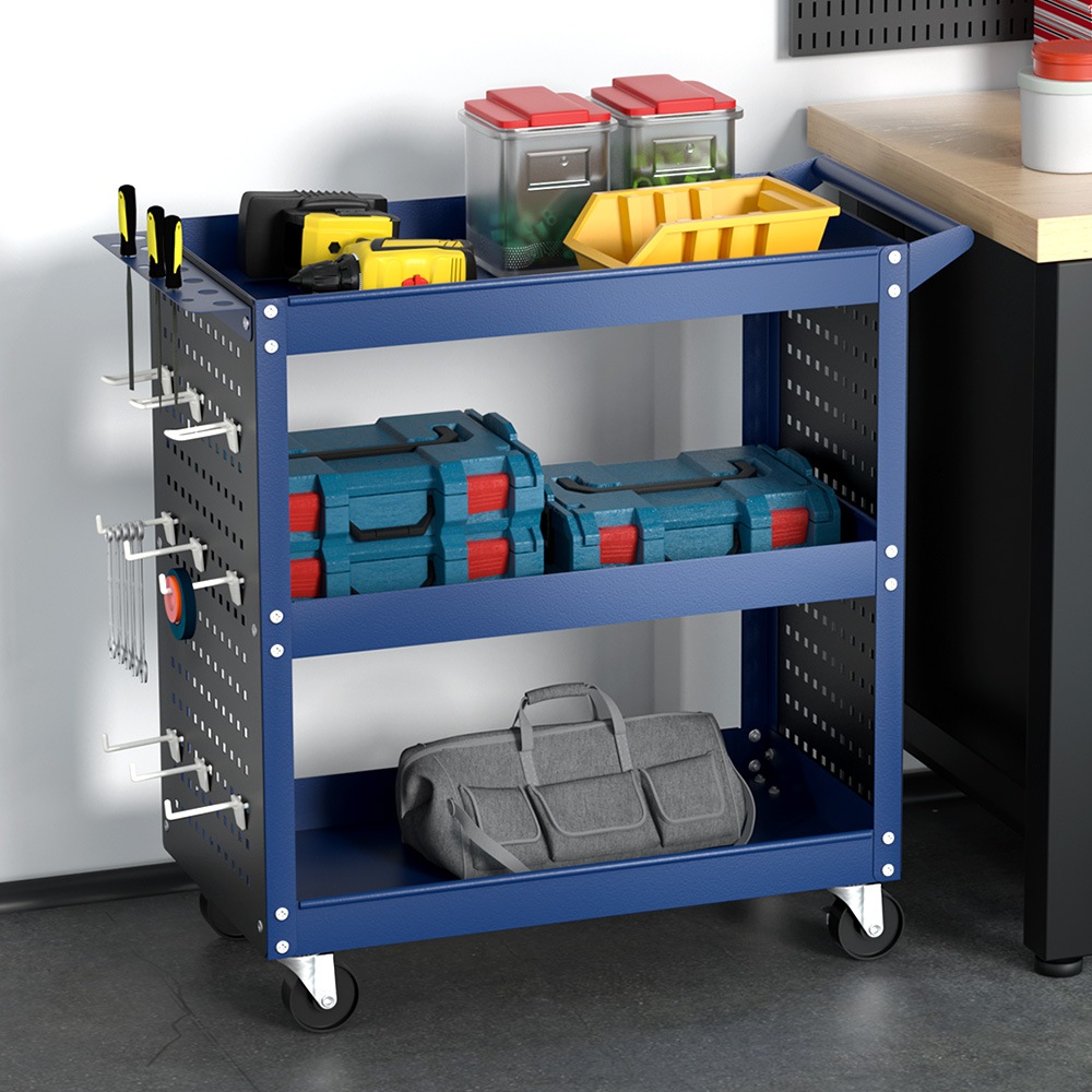 Giantz 3 Tier Tool Cart Storage Trolley Workshop Garage Pegboard Hooks Blue