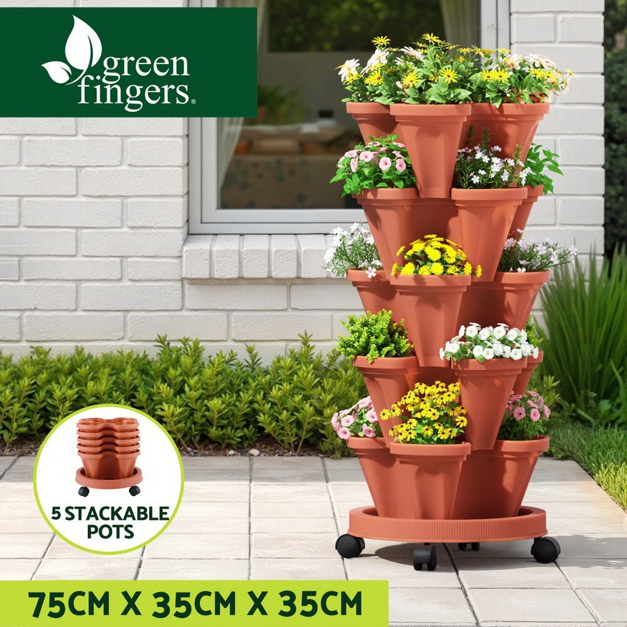Green Fingers Raised Garden Bed 5 Tier Vertical Garden Brick Red Strawberry Stackable Planters Herbs