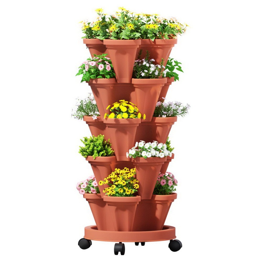 Green Fingers Raised Garden Bed 5 Tier Vertical Garden Brick Red Strawberry Stackable Planters Herbs