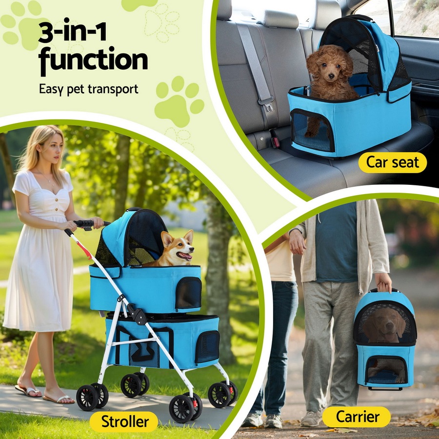 i.Pet Pet Stroller Dog Pram Large Cat Carrier Travel Foldable 4 Wheels Double