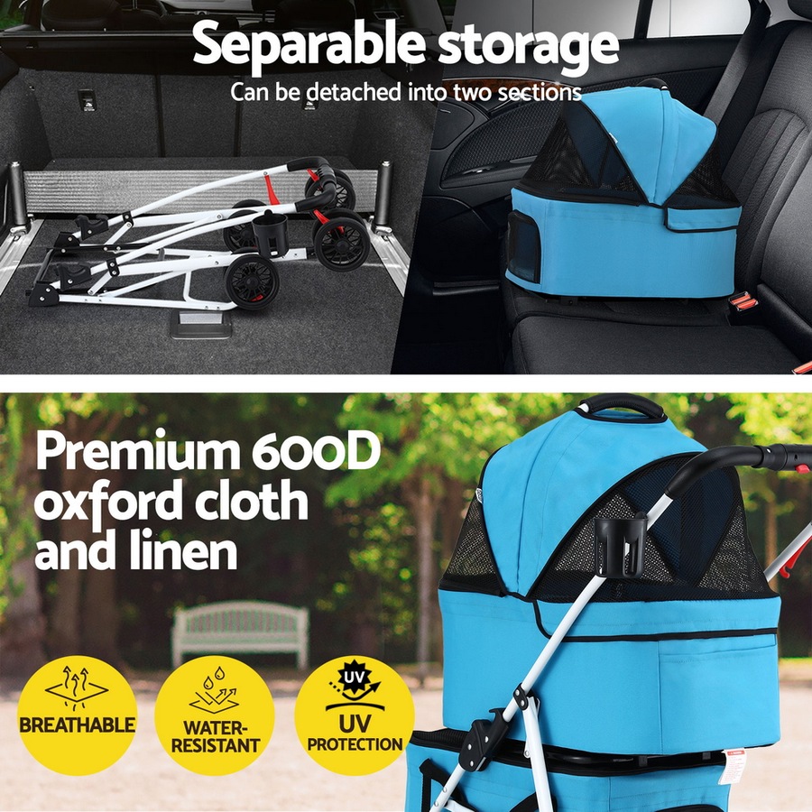 i.Pet Pet Stroller Dog Pram Large Cat Carrier Travel Foldable 4 Wheels Double