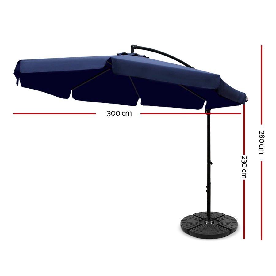 InstaHut Outdoor Umbrella Beach Garden Umbrellas 3-Metre Wide Navy With Base