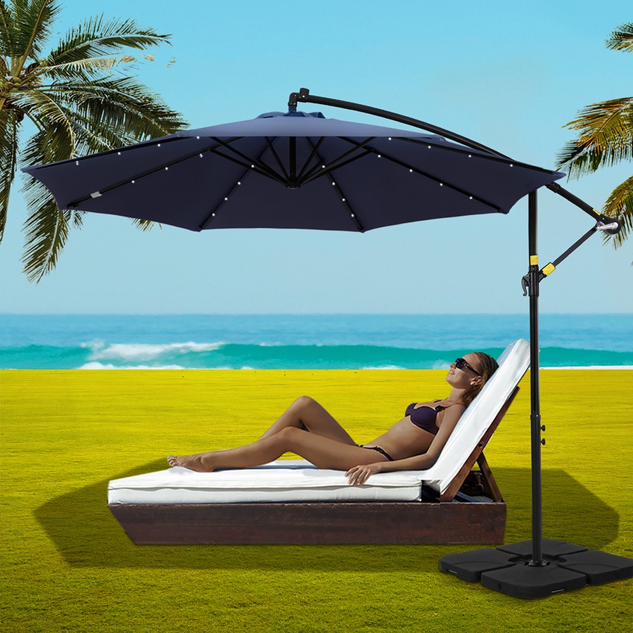 InstaHut Outdoor Umbrella 3M Cantilever Beach LED w/Base Garden Shade Patio Navy