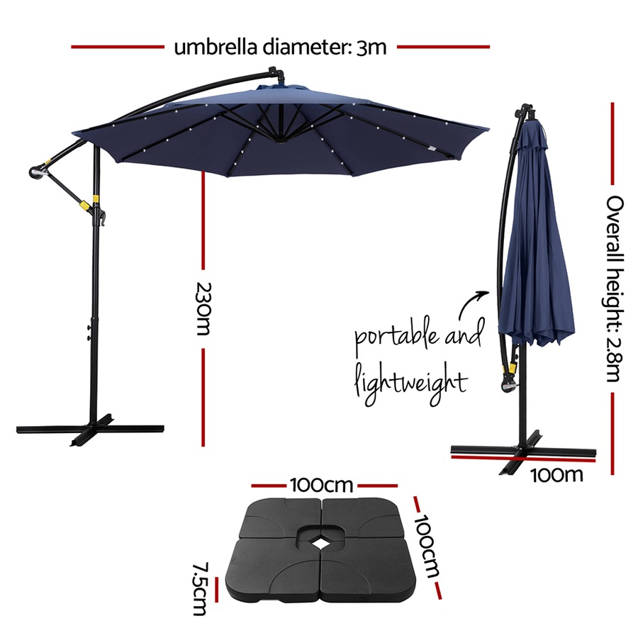 InstaHut Outdoor Umbrella 3M Cantilever Beach LED w/Base Garden Shade Patio Navy