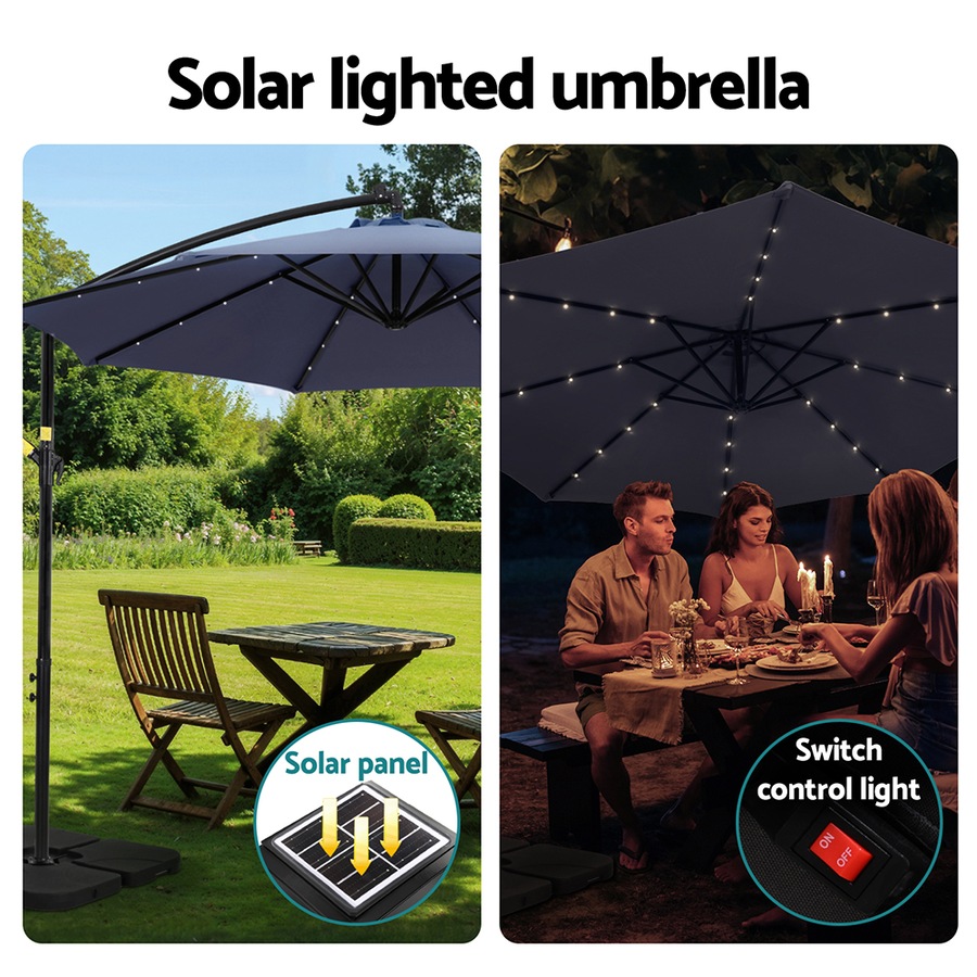 InstaHut Outdoor Umbrella 3M Cantilever Beach LED w/Base Garden Shade Patio Navy