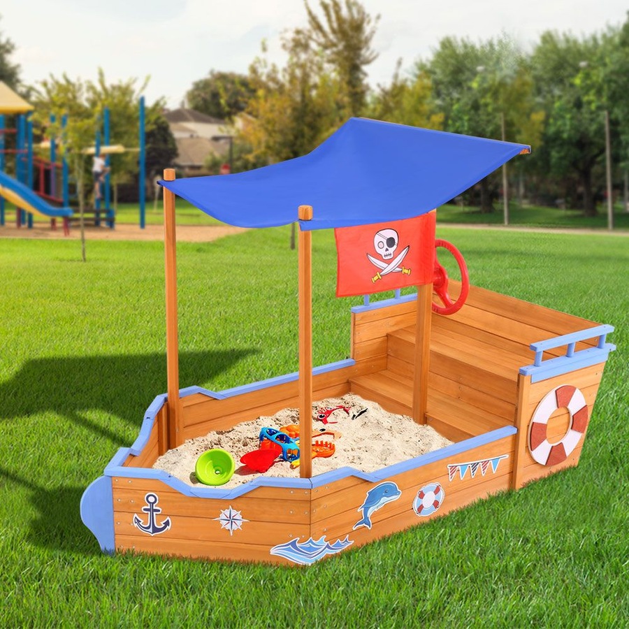 Keezi Kids Boat Sandpit Wooden Outdoor Play Sand Pit Toys Box Canopy Children