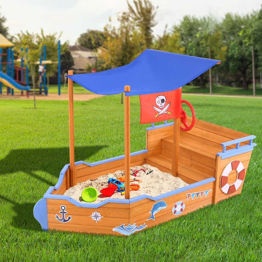Keezi Kids Boat Sandpit Wooden Outdoor Play Sand Pit Toys Box Canopy Children