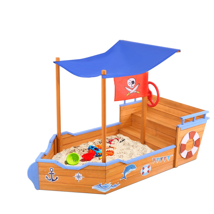 Keezi Kids Boat Sandpit Wooden Outdoor Play Sand Pit Toys Box Canopy Children