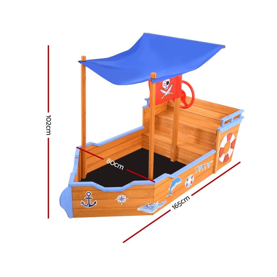 Keezi Kids Boat Sandpit Wooden Outdoor Play Sand Pit Toys Box Canopy Children