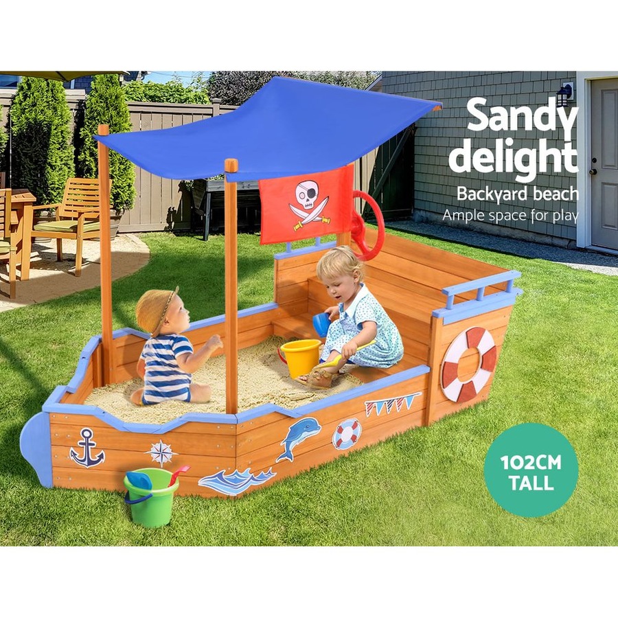 Keezi Kids Boat Sandpit Wooden Outdoor Play Sand Pit Toys Box Canopy Children
