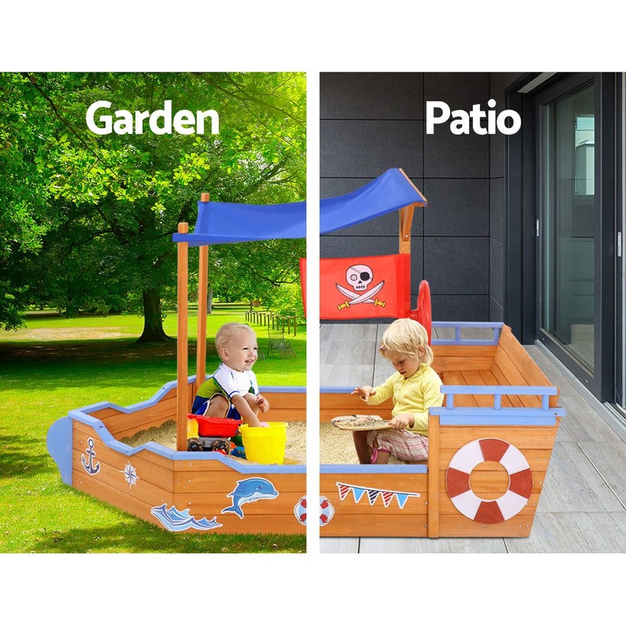 Keezi Kids Boat Sandpit Wooden Outdoor Play Sand Pit Toys Box Canopy Children