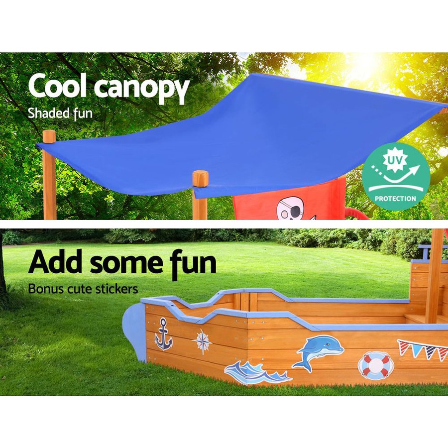 Keezi Kids Boat Sandpit Wooden Outdoor Play Sand Pit Toys Box Canopy Children