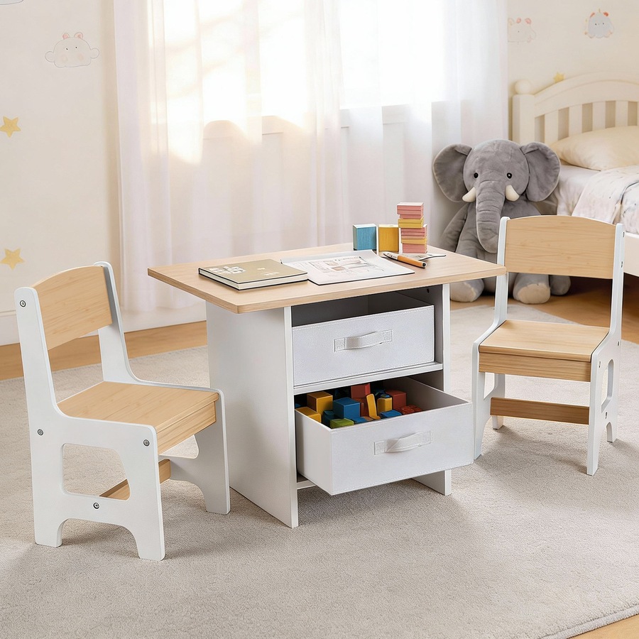Keezi Kids Table and 2 Chairs Set Wooden Activity Table wit 2 Storage Drawers Natural