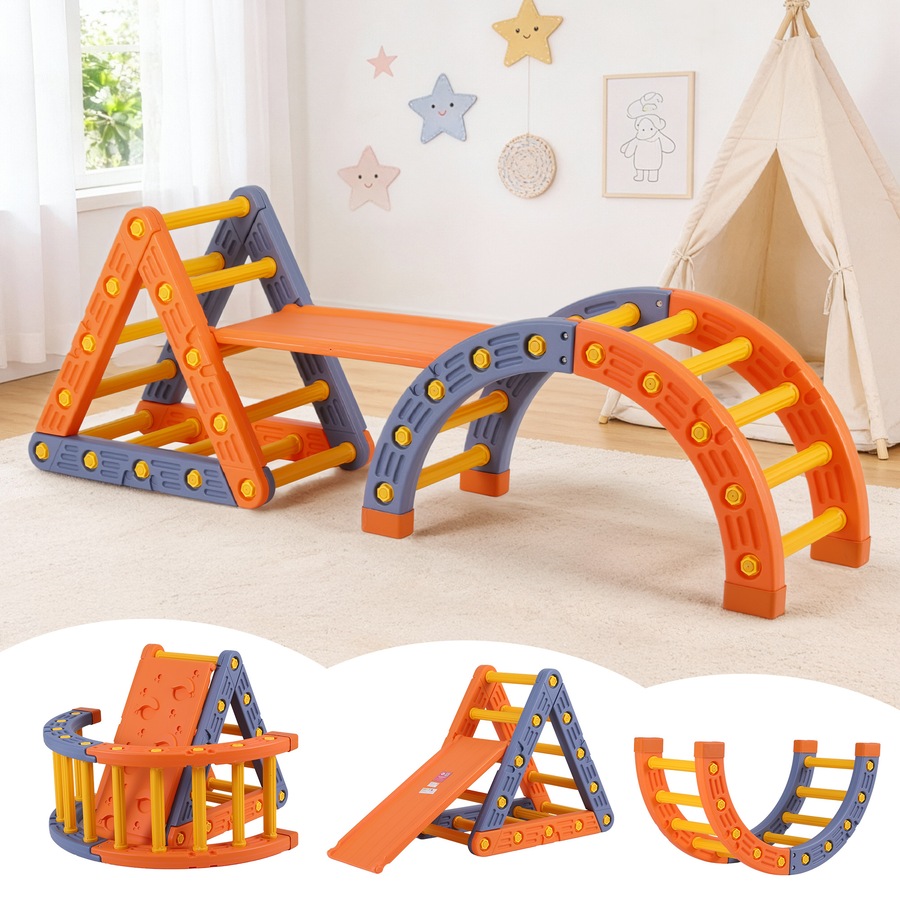 Keezi Kids Climbing Frame Set Indoor Outdoor Toddler Toys Pikler Triangle Climber With Arch Orange
