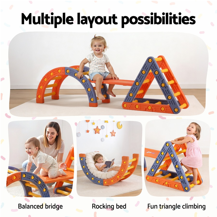 Keezi Kids Climbing Frame Set Indoor Outdoor Toddler Toys Pikler Triangle Climber With Arch Orange