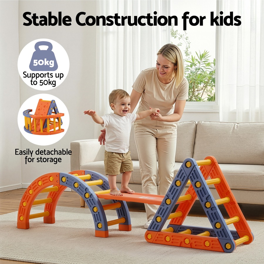 Keezi Kids Climbing Frame Set Indoor Outdoor Toddler Toys Pikler Triangle Climber With Arch Orange