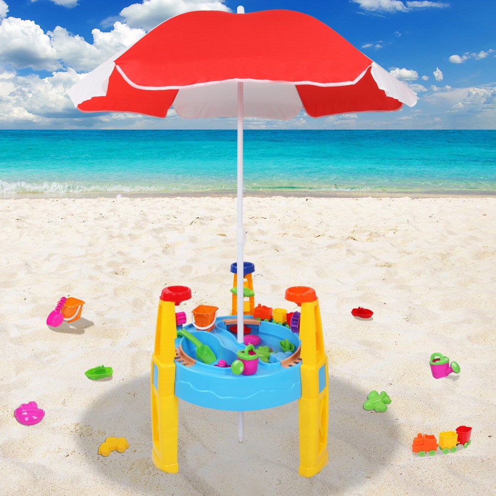 Keezi Kids Beach Sandpit Toys Outdoor Sand and Water Table Play Set Umbrella