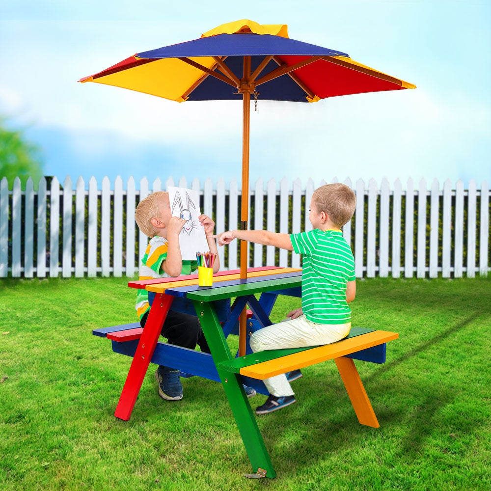 Keezi Kids Outdoor Table and Chairs Picnic Bench Set Umbrella Colourful