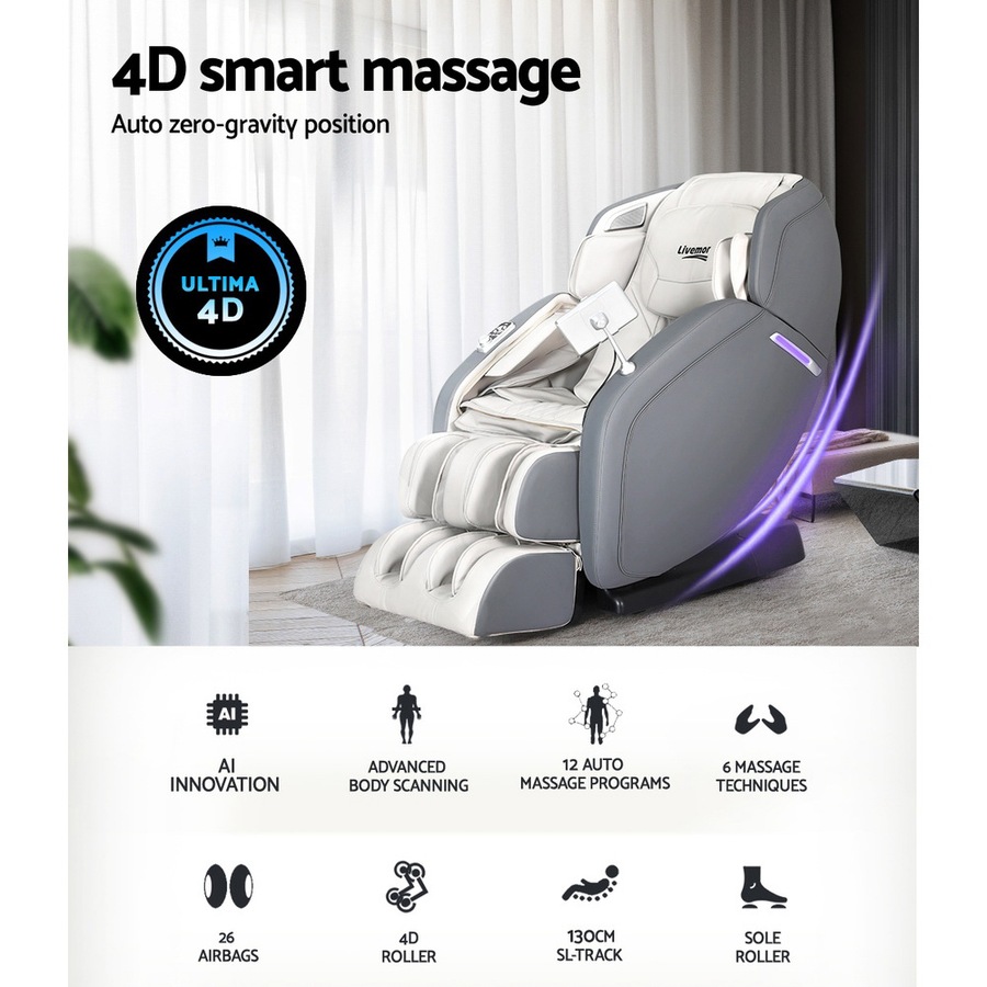Livemor 4D Massage Chair Recliner SL Track Full Body Zero Gravity Massager Heated AI Body Scan Gary