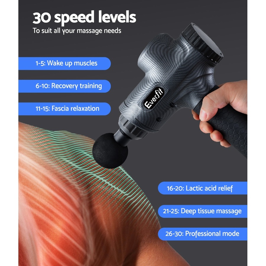 6 Heads Everfit Massage Gun 30 Speed Vibration Muscle Massager Chargeable Grey