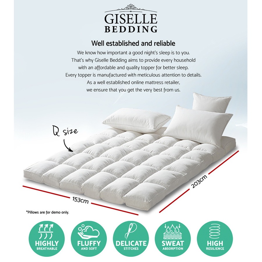 Giselle Bedding 5cm Pillowtop Topper for Back Pain Relief 1000GSM 45cm Deep Pocket Queen