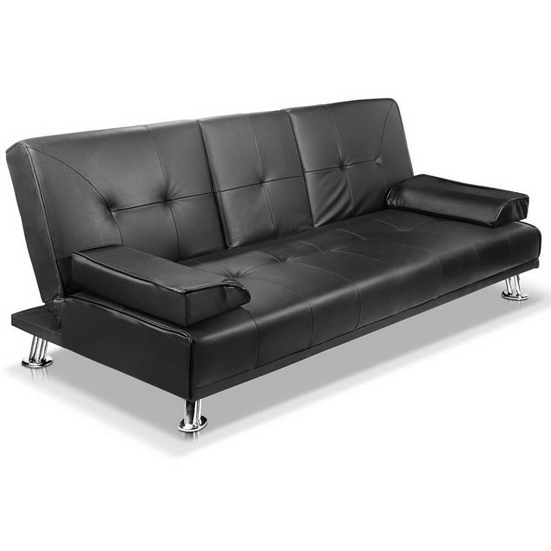 Artiss Sofa Bed Lounge Futon Couch, Leather Futon With Cup Holders
