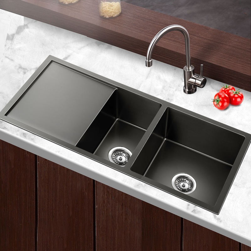 cefito stainless steel kitchen sink 100x45cm under topmount laundry double bowl black buy double bowl kitchen sinks 9350062147399